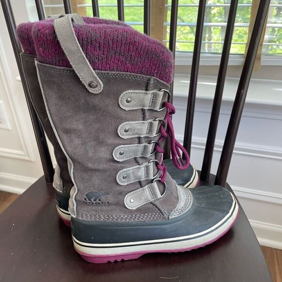 Sorel Joan of Arctic Knit Shale Winter Boots 8 Leather Waterproof Purple $240 - Picture 2 of 11
